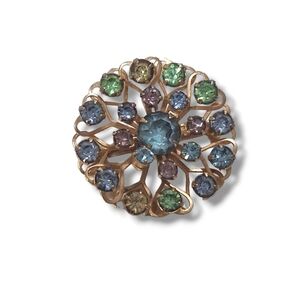 Vintage Multicolor Rhinestone Circle Heart Riveted Brooch Pin Glowy